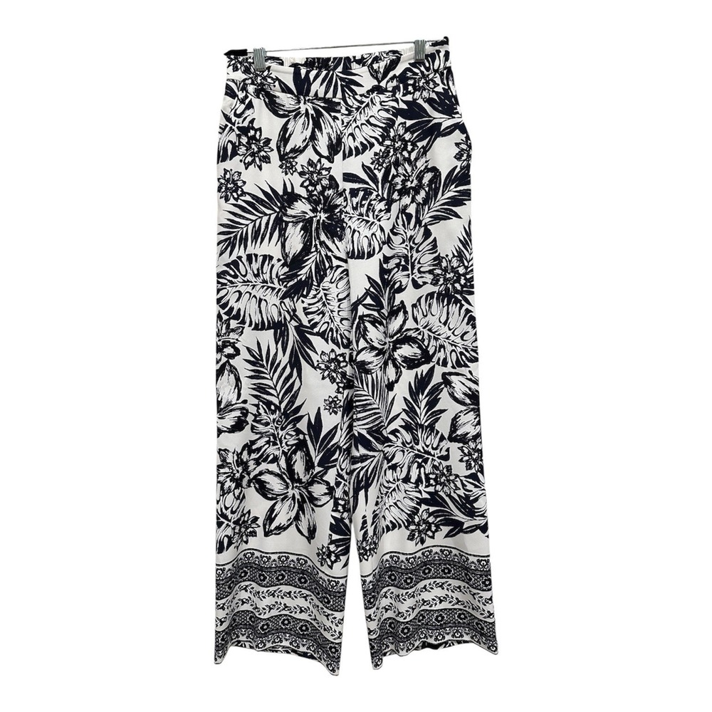 Alex Marie Womens Small Tropical Floral Wide Leg Pants Navy White Resortwear
